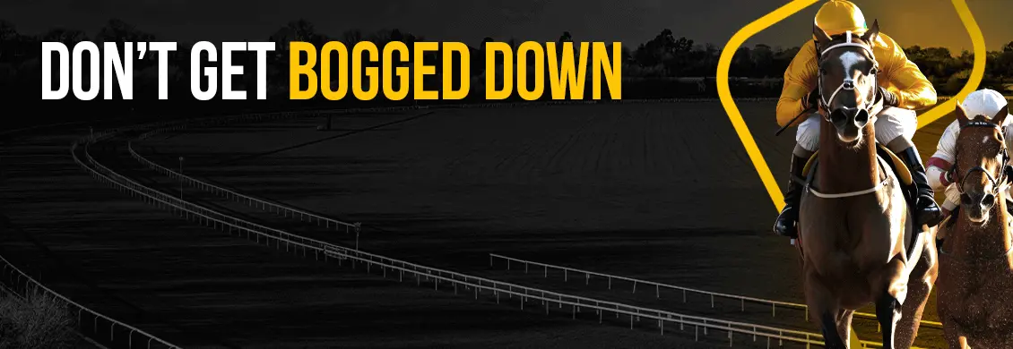 Horses running in a race with the overlayed caption, 